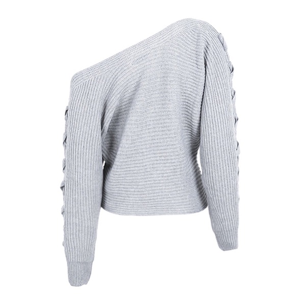 Off Shoulder Braided Sleeve Ribbed Knit Sweater - Picture 5 of 5